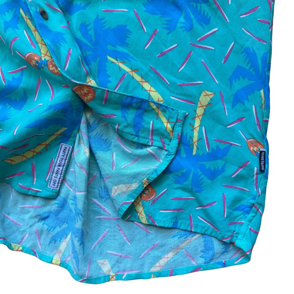 Party Pants Button Down Shirt Large Palm Tree Graphic Print Vacation Loud Short - Picture 4 of 5